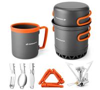 Odoland Batterie de cuisine de camping améliorée - Ustensiles de cuisine d'extérieur en aluminium avec brûleur et tasse - Couverts pliables - Mini réchaud de camping pour pique-nique en plein air
