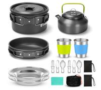 Odoland Kit de camping avec réchaud pliable pour 2 personnes, casserole, poêle, bouilloire avec tasses, assiettes, fourchettes, couteaux, cuillères pour cuisine en plein air et pique-nique