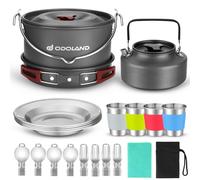 Odoland Multi-PCS Kit de Casseroles Camping, Ustensiles de Cuisine À Suspendre en Alliage d'Alu, Légère, Durable et Compact avec Tasse, Fourchette et cuillère pour Randonnée/Outdoor/Pique-Nique