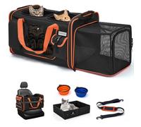 Odoland Transporteur pour Chat Extra Grand, Extensible pour 2 Chats, Sac de Voyage Pliable avec bac à litière, Double Compartiment, Transporteur Souple pour Voiture, Noir
