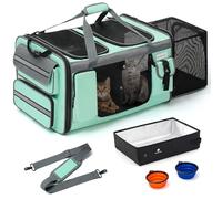 Odoland Transporteur pour Chat Extra Grand, Extensible pour 2 Chats, Sac de Voyage Pliable avec bac à litière, Double Compartiment, Transporteur Souple pour Voiture, Vert