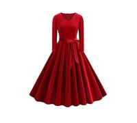 ODOLDI Robe de cocktail rétro années 1950 en velours à manches longues et col en V avec ceinture pour femme, Rouge, Taille M