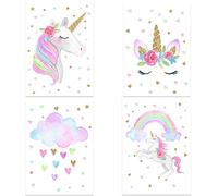 ODOOKON Set 4 Posters de Licorne arc-en-ciel. Décoration murale vibrante et belle de style naturel. 21 x 30 cm. Affiches Magnifiquement conçues pour Votre Maison, Magasin. A4 sans Cadre.