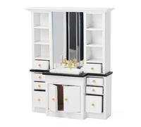 Odoria Maison de Poupée Armoire Miniature: Échelle 1/12 Coifeuse avec Lavabo Mirroir pour Salle de Bain Vintage - Mini Petite Meuble avec Tiroir Bois Blanc