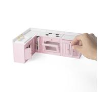 Odoria Maison de Poupée Comptoir Cuisine: Miniature Plan de Travail Commode Rose Moderne - Échelle 1/12 Four Poêle Ensemble de Cuisinière - Mini Cuisson Meubles Bois Évier