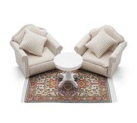 Odoria Maison de Poupée Table et Fauteuil: Échelle 1/12 Miniature Tapis Kaki Canapé avec Coussin Table Basse Rond pour Salon Bureau Antique - Mini Meuble Bois Blanc pour Chambre à Coucher Vintage