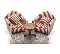 Odoria Maison de Poupée Table et Fauteuil: Échelle 1/12 Miniature Tapis Rouge Canapé Table Basse Rond pour Salon Bureau Antique - Mini Meuble Bois Marron pour Chambre à Coucher Vintage