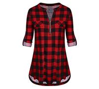 Odosalii Chemisier à carreaux, pour femme, avec un col en V, des manches longues et retroussables en 3/4, une fermeture éclair, haut,tunique, long t-shirt, A à carreaux bordeaux., XL
