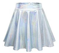 Odosalii Jupe de patineur extensible pour femme - Mini cloches - Taille haute - Jupe plissée métallique, Laser argenté - Fermeture éclair., S