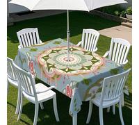 Odot 3D Europe du Nord Nappe Rectangulaire d'Extérieur Imperméable avec Trou de Parasol et Fermeture Eclair, Nappe Anti aux Eclaboussures pour Terrasse, Jardin (Mandala,213x152cm)