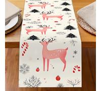Odot Chemin de Table Impression de Noël, Rouge Chemin de Table en Linge Moderne, Décoration Nappe, Résistant aux Taches & Lavable Nappe pour Fête di Noël (Cerf Rose 2,33x90cm)