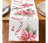 Odot Chemin de Table Impression de Noël, Rouge Chemin de Table en Linge Moderne, Décoration Nappe, Résistant aux Taches & Lavable Nappe pour Fête di Noël (Fleur Rose,33x230cm)
