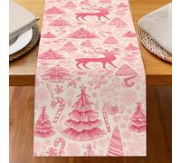 Odot Chemin de Table Impression de Noël, Rouge Chemin de Table en Linge Moderne, Décoration Nappe, Résistant aux Taches & Lavable Nappe pour Fête di Noël (Cerf Rose 1,33x275cm)