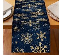Odot Chemin de Table Impression de Noël, Rouge Chemin de Table en Linge Moderne, Décoration Nappe, Résistant aux Taches & Lavable Nappe pour Fête di Noël (Neige Bleue Dorée 2,33x230cm)