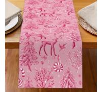 Odot Chemin de Table Impression de Noël, Rouge Chemin de Table en Linge Moderne, Décoration Nappe, Résistant aux Taches & Lavable Nappe pour Fête di Noël (Cerf Rose 0,33x183cm)