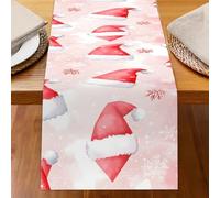 Odot Chemin de Table Impression de Noël, Rouge Chemin de Table en Linge Moderne, Décoration Nappe, Résistant aux Taches & Lavable Nappe pour Fête di Noël (Chapeau Rose,33x90cm)