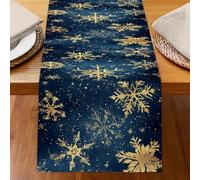 Odot Chemin de Table Impression de Noël, Rouge Chemin de Table en Linge Moderne, Décoration Nappe, Résistant aux Taches & Lavable Nappe pour Fête di Noël (Neige Bleue Dorée 4,33x183cm)