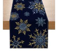 Odot Chemin de Table Impression de Noël, Rouge Chemin de Table en Linge Moderne, Décoration Nappe, Résistant aux Taches & Lavable Nappe pour Fête di Noël (Neige Bleue Dorée,33x183cm)