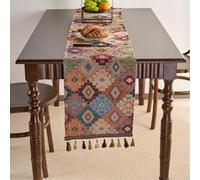 Odot Chemin de Table Impression Peinture à l'huile 3D, Chemin de Table avec Pompons, Décoration Nappe, Résistant aux Taches & Lavable Nappe pour Fête (Bohème Colorée,33x160cm)