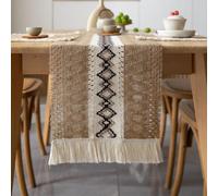 Odot Chemin de Table Lavable Chemin de Table Frange Bohème, Table Tissu Exquis Deco Table pour l'Intérieur Et l'Extérieur, Vacances, Fête, Salon (30x140cm,Kaki Blanc Noir)