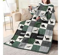 Odot Couverture avec Manches Femme Homme, Couverture avec Motif Legere Doux Chaude à Canapé 1 Personne Plaid à Manche TV Hiver pour Canape, Fauteuil (Dinosaure noir,130x150cm)