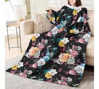 Odot Couverture avec Manches Femme Homme, Couverture avec Motif Legere Doux Chaude à Canapé 1 Personne Plaid à Manche TV Hiver pour Canape, Fauteuil (Fleurs roses,130x150cm)