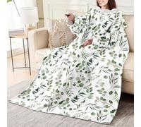Odot Couverture avec Manches Femme Homme, Couverture avec Motif Legere Doux Chaude à Canapé 1 Personne Plaid à Manche TV Hiver pour Canape, Fauteuil (Feuilles vertes,130x150cm)