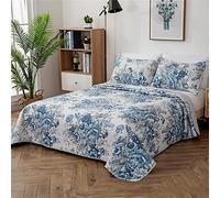 Odot Couvre Lit Matelassé 2/1 Personnes, Jeté de Lit Léger Couverture Ete Couverture de Lit Matelassée Douce Boutis Couvre-Lit avec 2 Taies d'oreiller (220x240cm,Fleur Bleue)