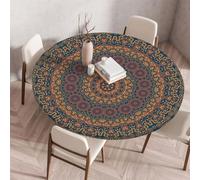 Odot Nappe de Table Ronde en Anti Tache Intérieur Extérieur Carreaux Mandala Couverture de Table avec Bord Élastique Nappes Rondes Lavable pour Décoration Cuisine Jardin (140cm,Vintage)