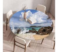Odot Nappe Ronde Exterieur Elastique Nappe Ronde Imperméable Anti Tache Couverture de Table avec Bord Élastique Nappes Rondes pour Fête Cuisine Jardin - Vue sur la mer (Nuages,120cm)