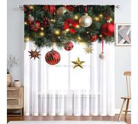 Odot Noël Baie Rouge Rideau Voilage Semi Occultant Salon, Imprimé 3D Rideaux Voilages Passe Tringle Rideaux Voile Semi Transparent 2 Panneaux Rideau Fenêtre (W 132 x H 241cm,Gui de Noël)