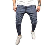 Odot Pantalons à Carreaux Fitness Sport Jogging pour Hommes, Casual Training Slim Cargo Poche Zippée Survêtement Serré Pantalons avec Poches (2XL,Bleu)