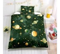 Odot Parure de Lit Enfant Fille Garcon, Ensemble de Literie Enfant avec 1 Housse de Couette + 1 Taie d'oreiller, Ensemble Parure de Lit Motif Planète Dessin Animé 3D (Vert foncé A,150x200cm)