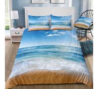 Odot Parure de Lit Housse de Couette 2 Personne, 3pcs Microfibre 3D Beach Coconut Grove Impression Hypoallergique avec Fermeture éclair Taies d'oreiller (220x240cm,Vague de Plage)