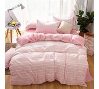 Odot Parure de Lit Plaid 4 Pieces, 100% Microfibre en Tissu Doux Respirant Housse de Couette, Drap de Lit et Taie d'oreiller pour 1/2 Personnes Adulte Enfant Filles (220×240cm,Rayure Rose)