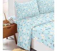 Odot Parure Drap Housse, Drap Plat et Taie d'oreiller 51x75cm - Imprimé Fleurs Draps Housses Microfibre avec Bonnet 40cm, pour Adultes Enfant, Lit 1~2 Personnes (Marguerite,155x205cm-4 Pieces)