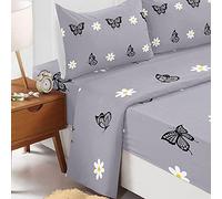Odot Parure Drap Housse, Drap Plat et Taie d'oreiller 51x75cm - Imprimé Fleurs Draps Housses Microfibre avec Bonnet 40cm, pour Adultes Enfant, Lit 1~2 Personnes (Papillon,90x190cm-3 Pieces)