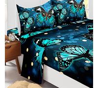Odot Parure Drap Housse, Drap Plat et Taie d'oreiller - Imprimé Papillon Draps Housses Microfibre avec Bonnet 40cm, pour Adultes Enfant, Lit 1~2 Personnes (Papillon Bleu,140x190cm-4 Pieces)