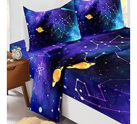 Odot Parure Drap Housse, Drap Plat et Taie d'oreiller - Motif Ciel étoilé Draps Housses Microfibre avec Bonnet 40cm, pour Adultes Enfant, Lit 1~2 Personnes (Cosmos,90x190cm-3 Pieces)