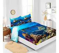 Odot Parure Drap Housse, Drap Plat et Taie d'oreiller - Motif Tortue de Mer Draps Housses avec Bonnet 40cm, pour Adultes Enfant, Lit 1~2 Personnes (Océan Bleu,140x190cm-4 Pieces)