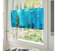 Odot Rideau de Cuisine Court, Impression du Monde Océanique Non Rideaux Brise Bise Cuisine Demi Transparent, Rideaux Demi avec Passe Tringle, Décoration de Maison (Océan,L120xH60cm)