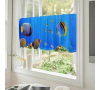 Odot Rideau de Cuisine Court, Impression du Monde Océanique Non Rideaux Brise Bise Cuisine Demi Transparent, Rideaux Demi avec Passe Tringle, Décoration de Maison (Poisson Rayures,L90xH60cm)
