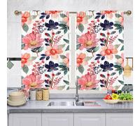 Odot Rideau de Cuisine Court Moderne, Rideaux Brise Bise Cuisine avec Passe Tringle 2 Panneaux Style Fleur 3D Rideaux Demi Fenetre pour Petie Fenetre Chambre (Fleur H,W 65 H 90cm)