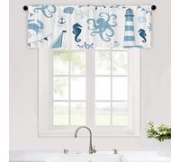Odot Rideau de Cuisine Court, Rideaux Brise Bise Cuisine avec Passe Tringle Rideaux Demi Fenetre Moderne 1 Panneaux Style Dessin Animé Décoration de Maison (Hippocampe + Pieuvre,W 132 H 45cm)