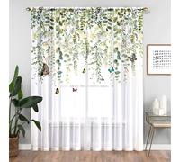 Odot Rideau Voilage Semi Occultant Salon, Imprimé Plante Verte 3D Rideaux Voilages Passe Tringle Rideaux Voile Semi Transparent 1 Pièce Rideau Occultant Fenêtre (100x130cm,Papillon)