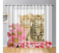Odot Rideau Voilage Semi Occultant Salon, Motif Chat Chaton 3D Rideaux Voilages avec Oeillets 2 Panneaux Rideaux Voile Semi Transparent pour Chambre Intérieur (80x115cm,Marguerite Rose)