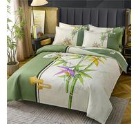 Odot Style Chinois Parure de Lit 4 Pieces, Ensemble de Literie avec Housses de Couettes, Drap Plat et Taies D'oreillers, Set de Housse de Couette pour 1~2 Personnes (220x240cm,Feuilles de Bambou)