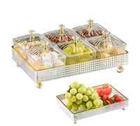 Odoukey Ensemble de plateaux de service divisés, plateau à fruits transparent avec couvercle rectangulaire, 6 grilles, bol à fruits, bol noix divisé, assiette desserts en plastique, assiette