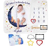 ODOXIA Couverture Etape Bébé en Français | Tapis Mois Bebe Garçon Ou Fille, Unisexe | Couverture Personnalisée Babyshower | Thème Lune | Douce et Épaisse Photo | Suivez Sa Croissance