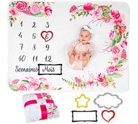 ODOXIA Couverture Etape Bébé en Français | Tapis Mois Bebe Garçon Ou Fille, Unisexe | Thème Fleurs, Feuilles | Cadeau Baby-Shower Personnalisé Jeunes Mamans | Tapis Photo Bebe | Doux, Confortable